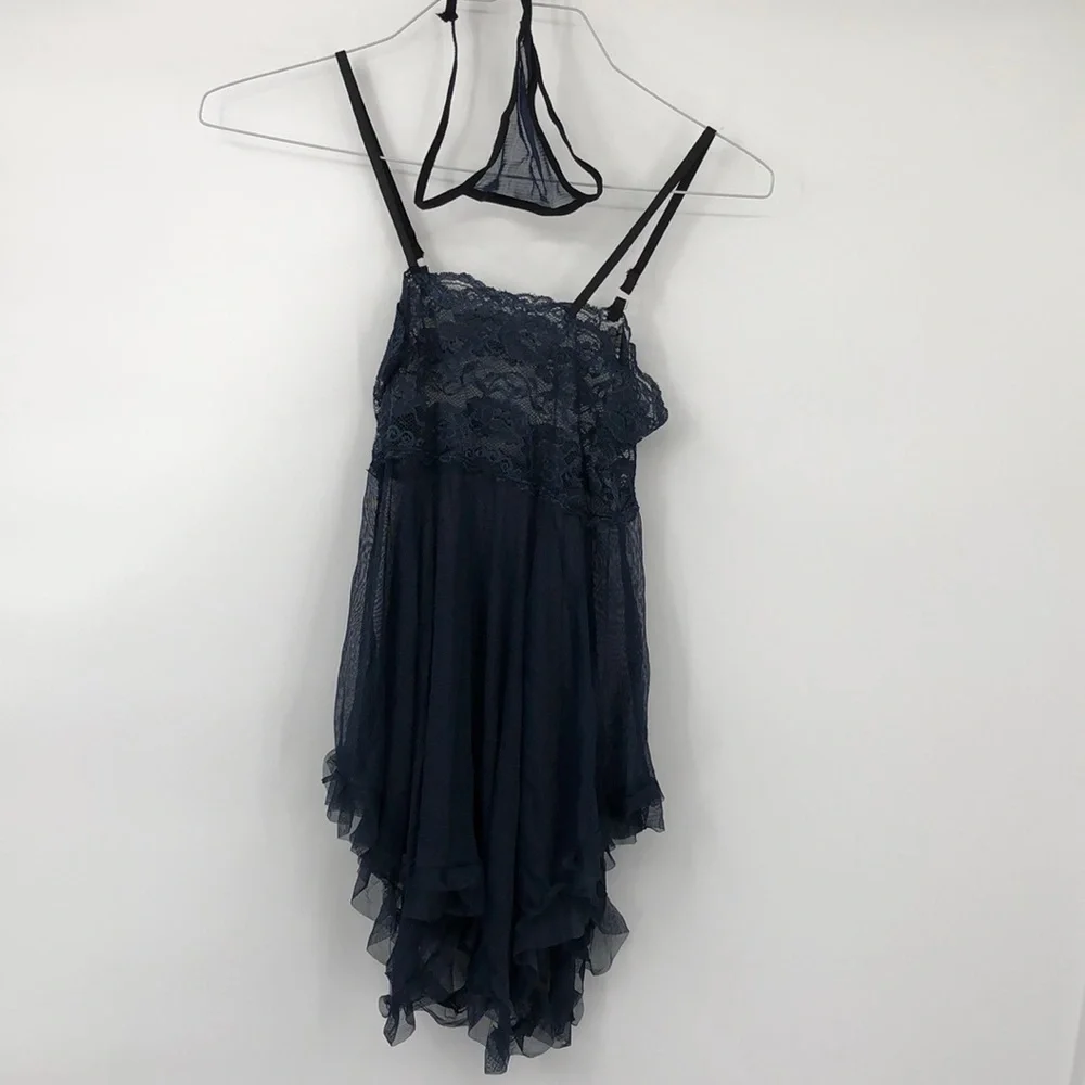 3/$25 Handkerchief Style Babydoll Chemise with Thong Dark Blue and Black Size M